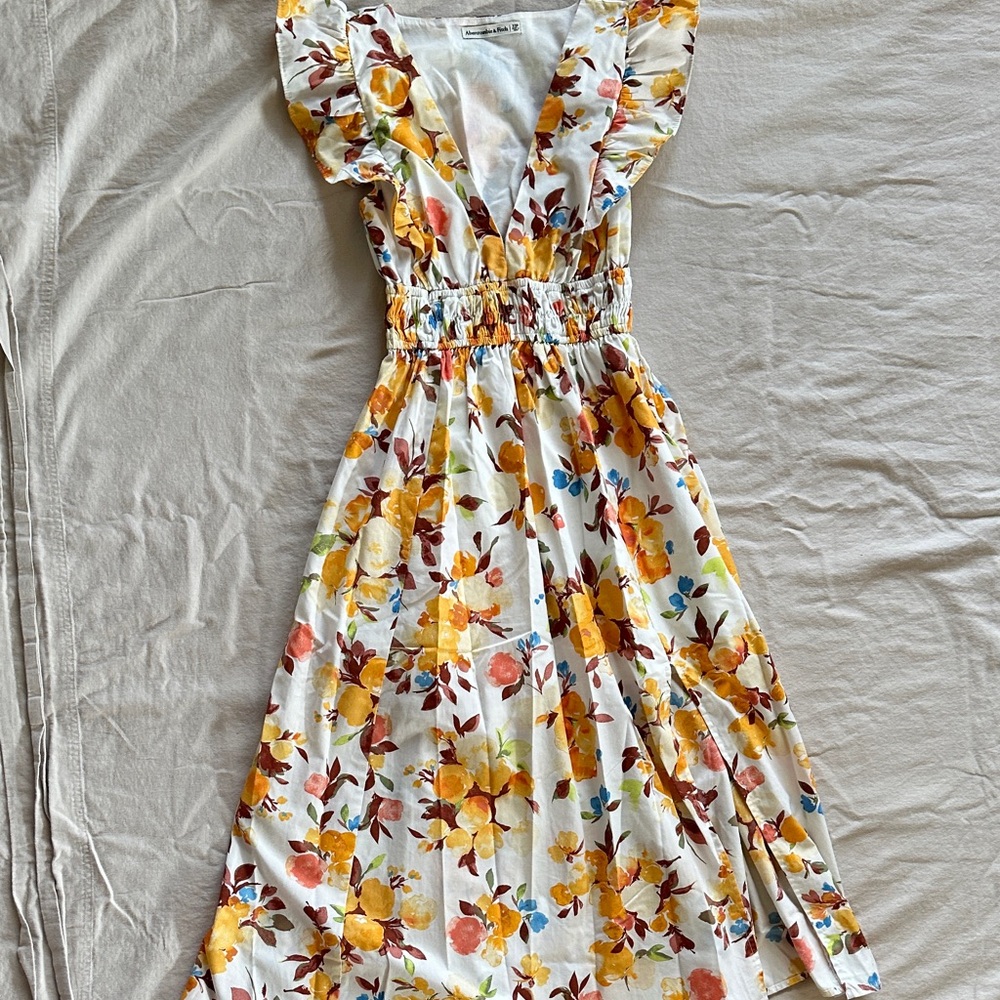 Abercrombie & Fitch White Floral Midi Dress with Yellow & Coral Blooms